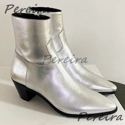 Autumn Winter New Men's Chelsea Boots Silver Genuine Leather Pointed Toe High Heels Booties British Style Fashion Male Shoes