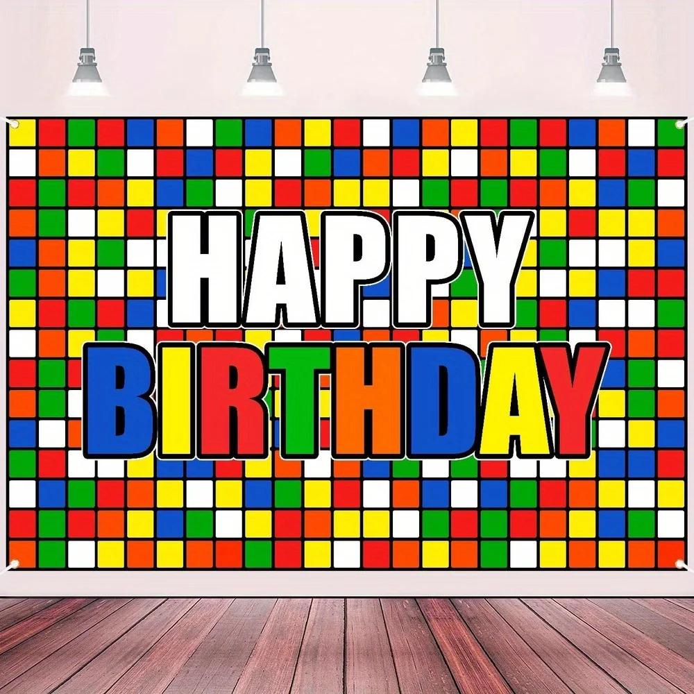 Colorful Cube Birthday Party Background Banner Puzzle Game Theme Wall Decoration
