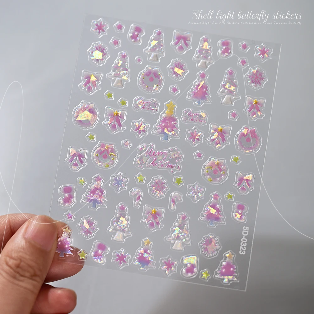 1pcs Pink Shell Light Christmas Nail Stickers 5D Embossed Shiny Snowflake Nail Decals Holographic Star Wreath Xmas Nail Decor#5