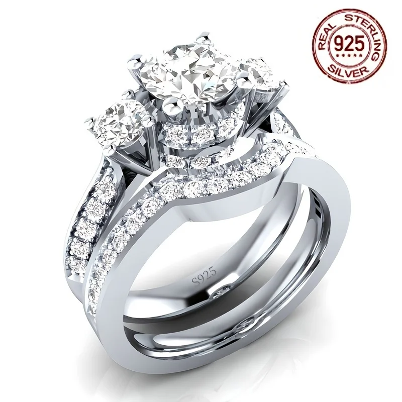 

2pcs/set Luxury 925 Sterling Sirng Wedding Band Rings For Women Elegant White Gold Plated Zircon Inlay Fashion Jewelry