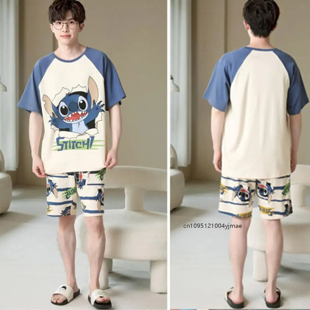 الصيف غرزة زوجين منامة أنيمي Kawaii النساء الرجال القطن موضة الجولة الرقبة قصيرة الأكمام السراويل Homewear الحلو ملابس كاجوال