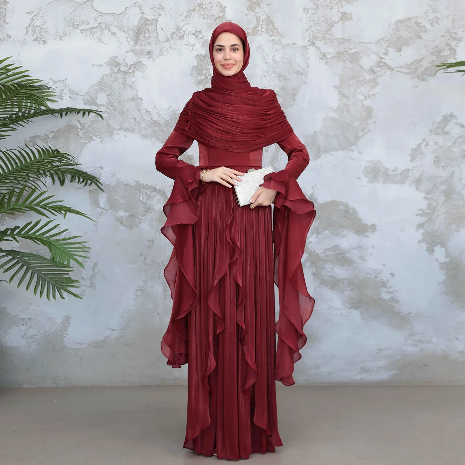 Eid Abaya Modest Muslim Dresses for Women Flare Sleeves Wrinkle Evening Party Maxi Dress Jalabiya Islamic Clothing Kaftan Robe
