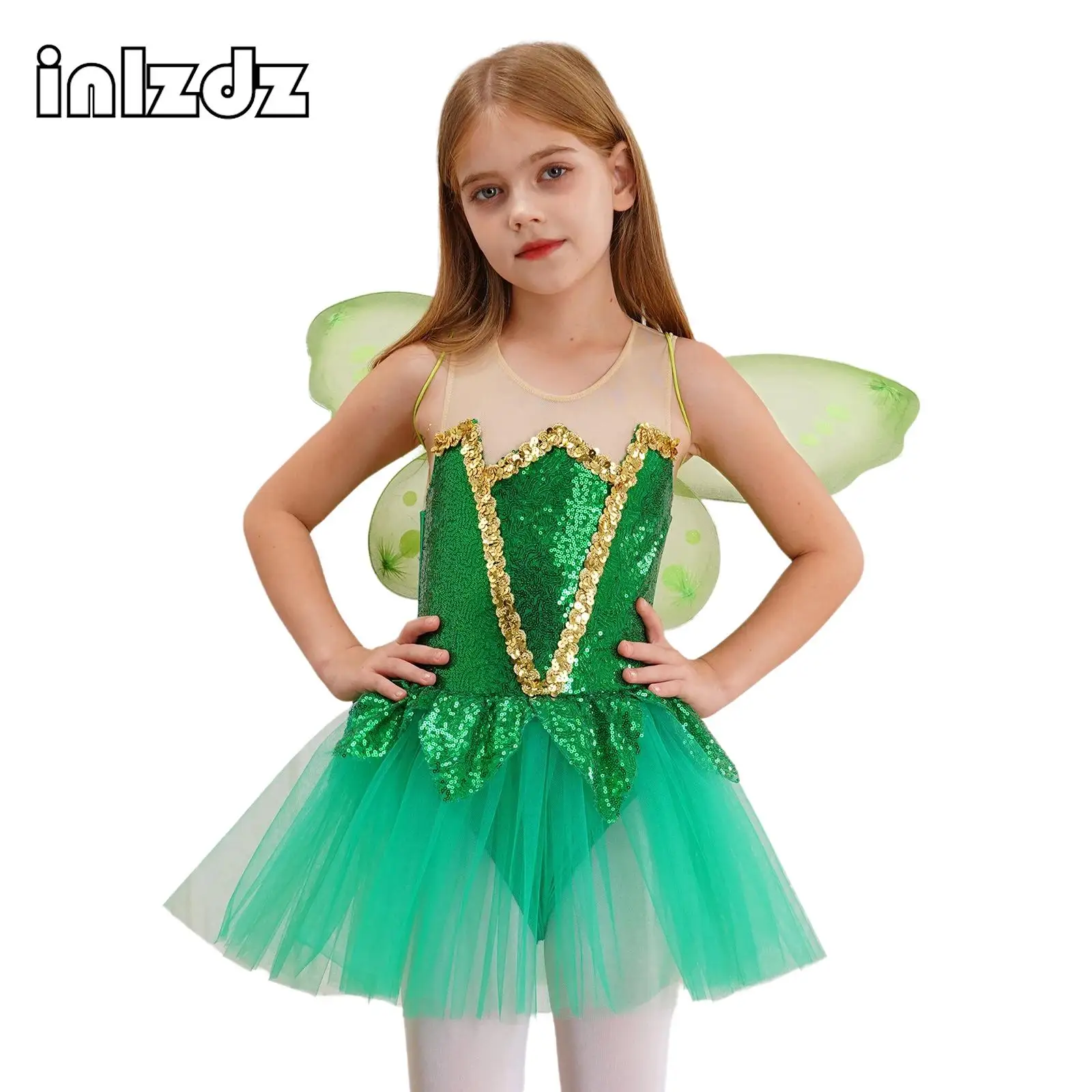 

Girls 2Pcs Fairy Tale Elf Cosplay Mesh Tulle Tutu Ballet Dress Ballerina Sequin Fancy Dress+Wings Outfit Performance Dancewear