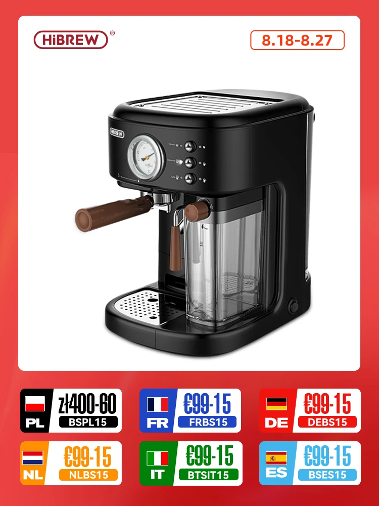 HiBREW Macchina per caffè espresso completamente automatica Cappuccino Latte 20Bar 3 in 1 Schiuma di latte caldo automatica ESE pod e caffè macinato H8A