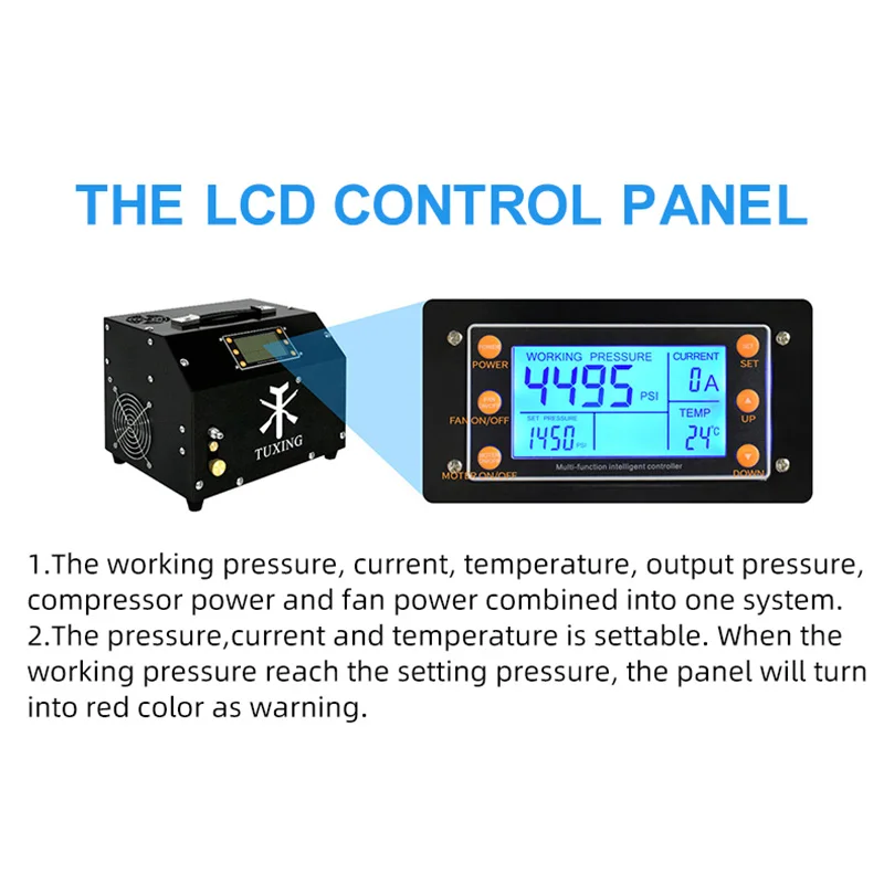 TUXING 4500Psi 300Bar Compressore d'aria PCP Display LCD Sistema di controllo digitale Arresto automatico Compressore ad alta pressione per fucile PCP