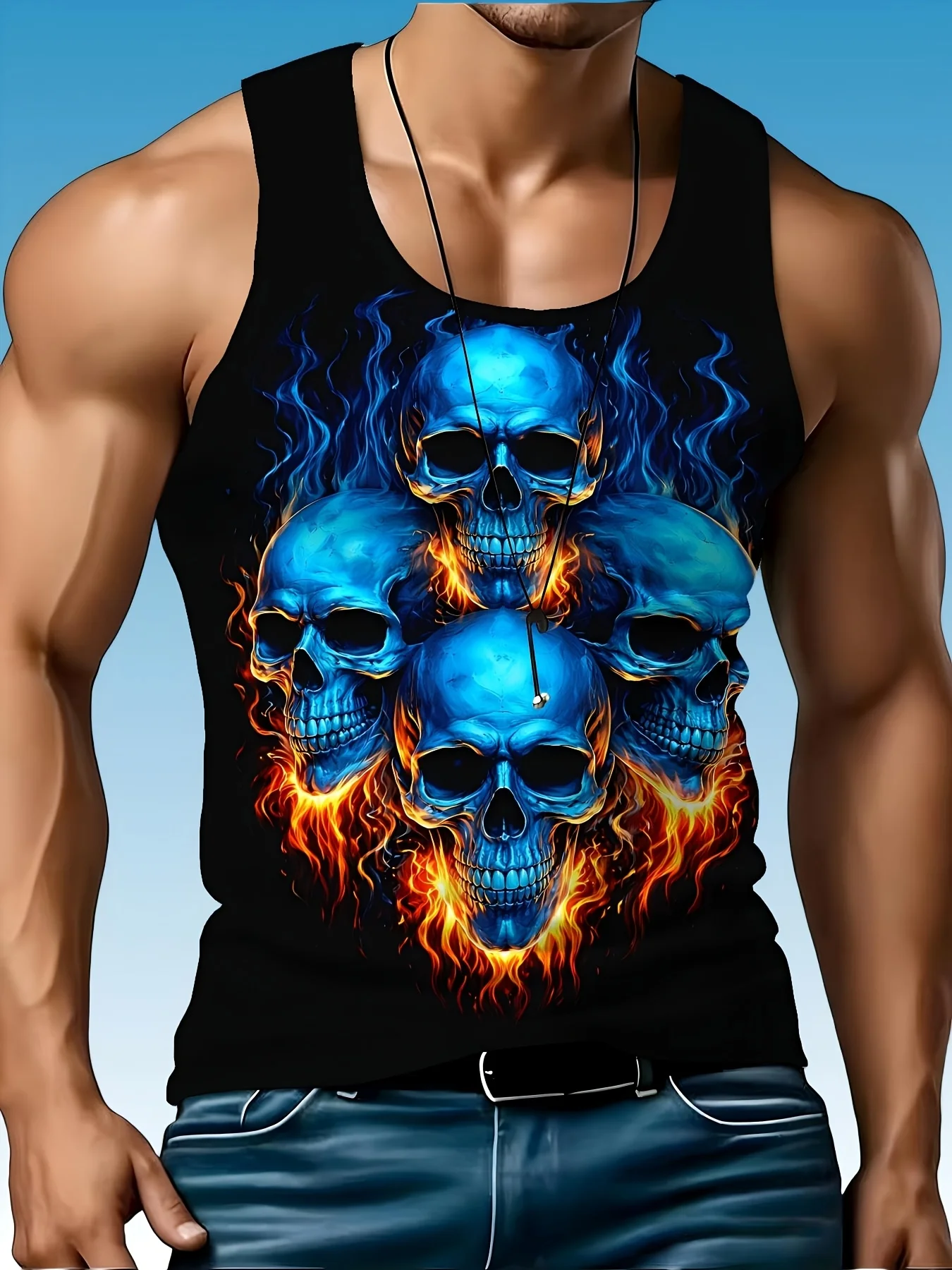 Men's Solid Fashion Tank Top, Cool Blue Flame Skull Graphic Sleeveless Vest, Casual Streetwear Muscle Tee for Summer Daily Wear