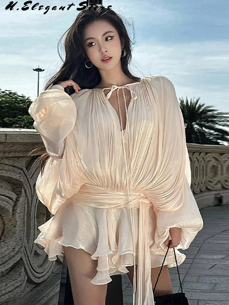 Elegant Ruffle Mini Dress O Neck Lace Up Lantern Sleeve Blouse Dresses Fashion Loose Vestido 2025 New Lady  Early Spring Dresses