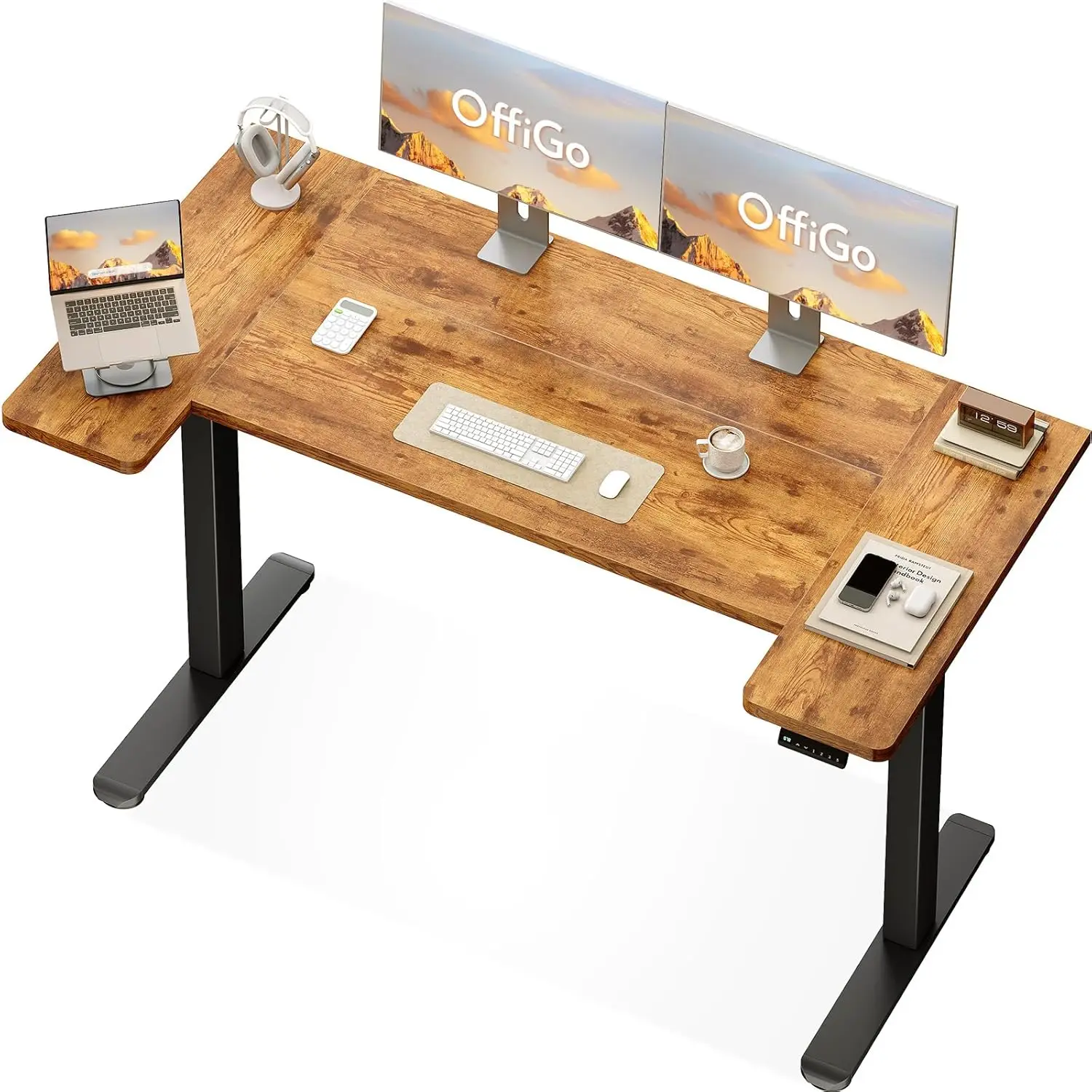 U-förmiger Verstellbarer Schreibtisch OffiGo 160x74 cm Bürotisch mit Speicherfunktion für Home Office Geräuschloser Motor, Sitz-Steh-Funktion, Vintage Braun