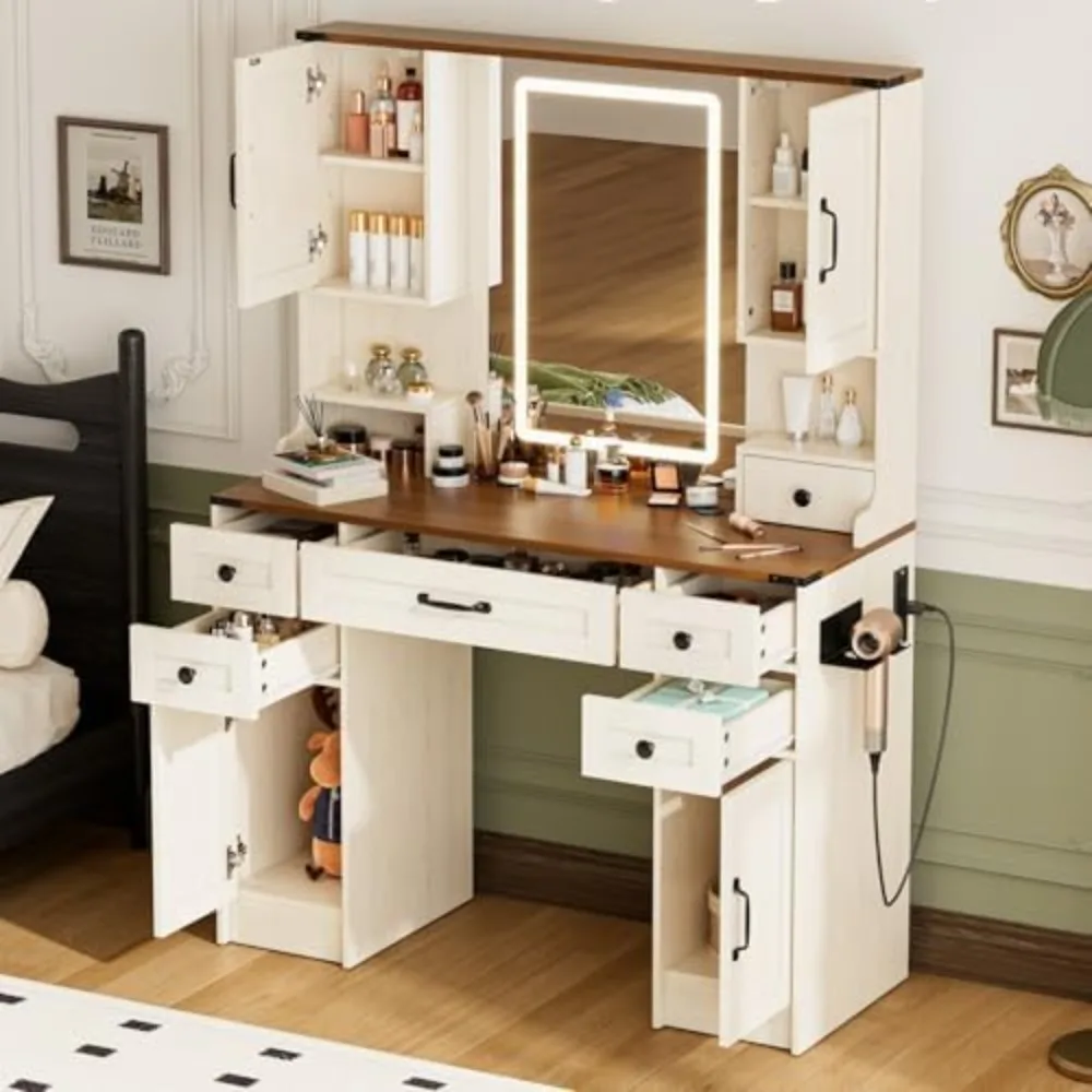 42 Inchs Large Vanity Desk with Mirror and Lights | 6 Drawers and 4 Cabinets, Big Women Makeup Table with Power Outlet