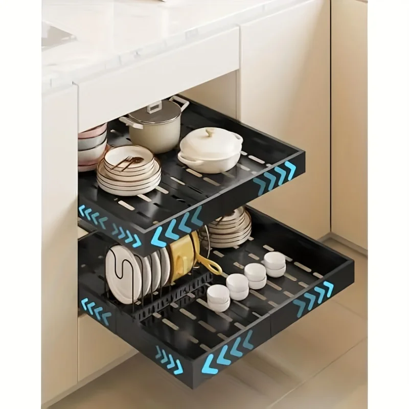 Organizador de bandeja extraíble, estante de almacenamiento de cocina, gabinete extensible debajo del fregadero, cajas de especias, cajón deslizante silencioso, estante para platos y cuencos
