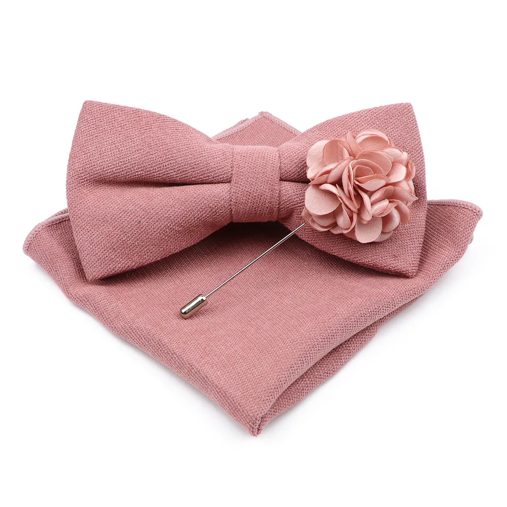 Mens Solid Color Cotton Bowtie Pocket Square Brooch Sets Pink Blue Super Soft Suede Bow Tie Handkerchief For Wedding Party Gift