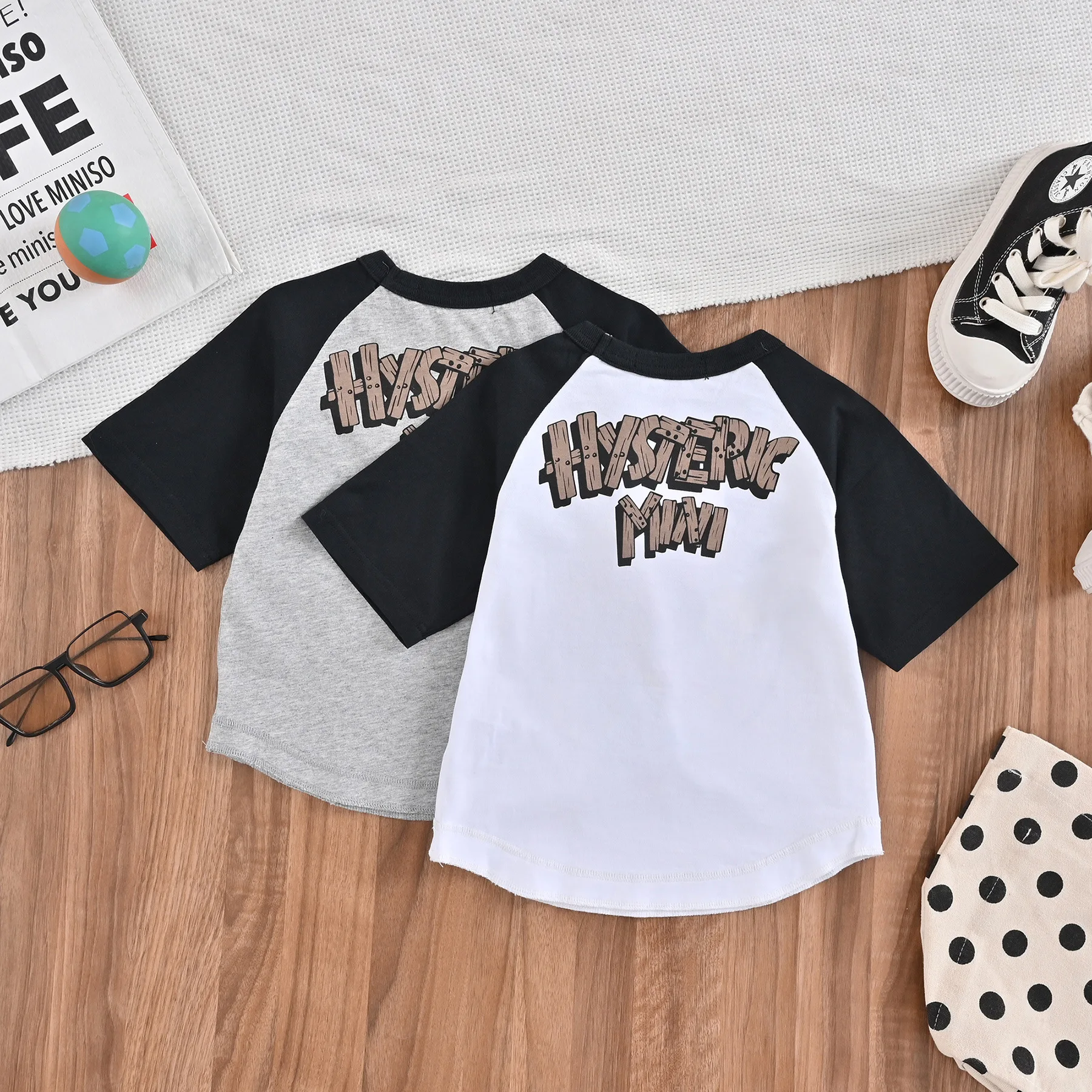 2025 Boys Girls Summer Tee HYSTERIC MINI Cartoon Print  T-shirt Two-tone sleeves  Cotton Children Summer Costum Tops