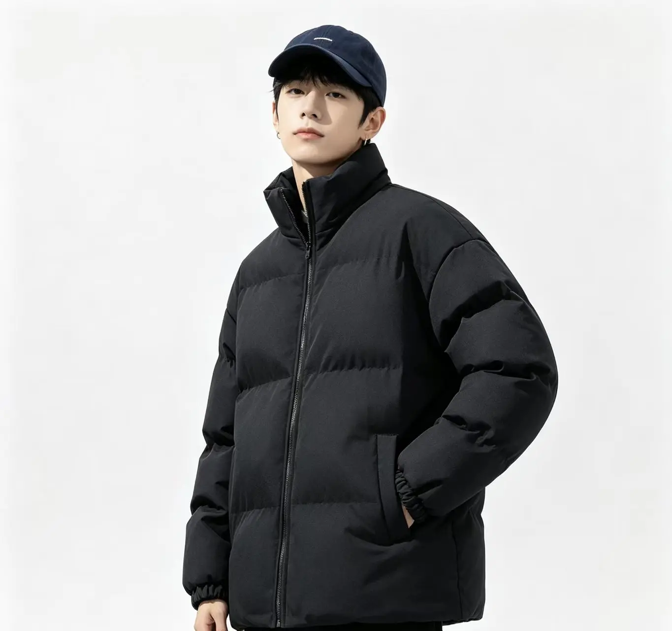 Men's Korean Style Fleece Lined Stand Collar Padded Jacket  Thick Warm Winter Solid Color Zip Up Casual Outerwear