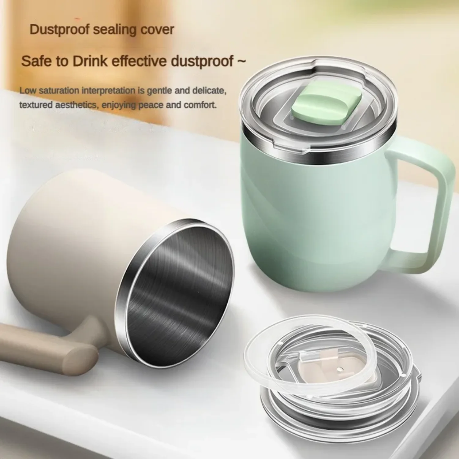 Double-layer Anti-scalding Coffee Mug 304 Stainless Steel Water Cup with Handle and Cover Portable Leak-proof Cups and Mugs