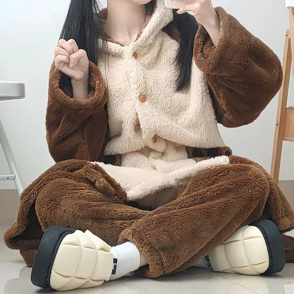 Women's Cartoon Pyjamas Set Nightdress Winter Cute Coral Fleece Sleeping Robe Thicken Warm Nightgown Homewear Set Sleepshirt