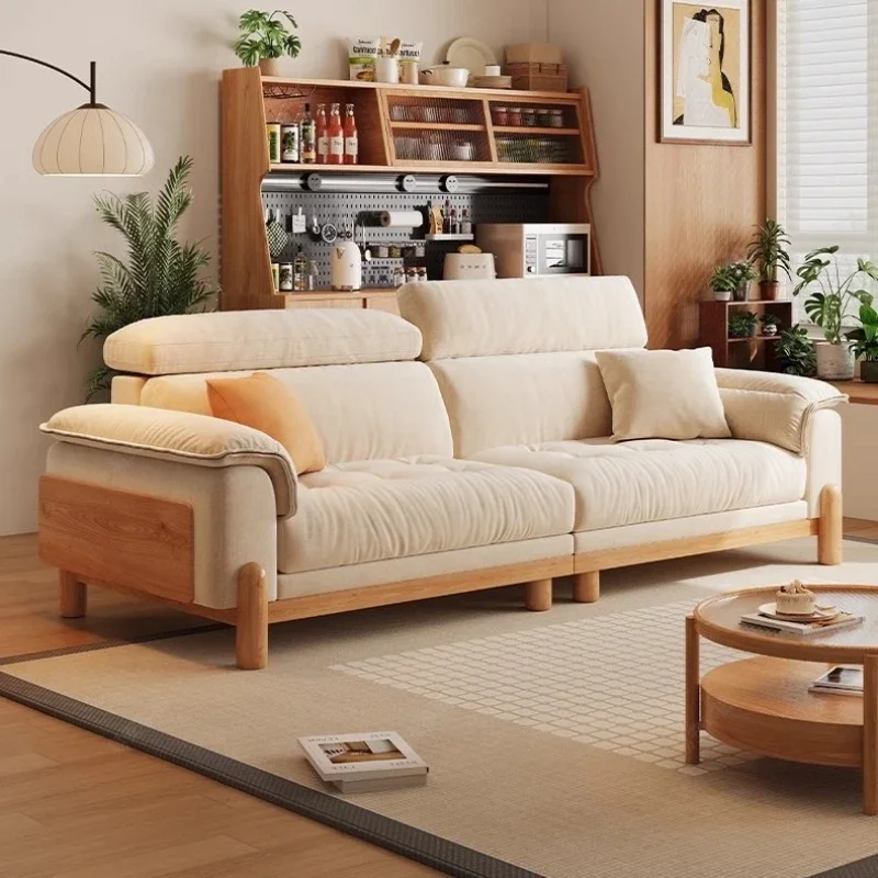 Nordic log wind cloud sofa Japanese straight row small apartment cheney velvet fabric sofa living room solid wood sofa
