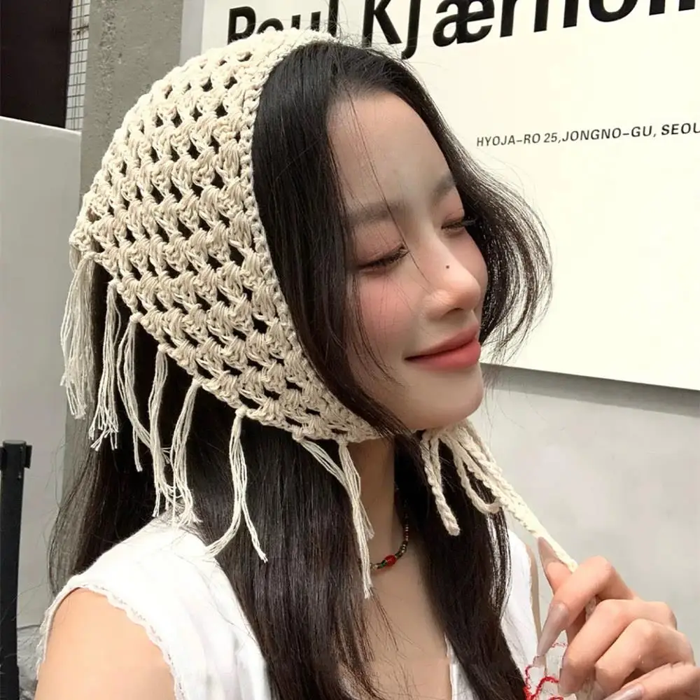 Jilbab Bunga Rajutan Berongga Mode Syal Rambut Segitiga Rumbai Bohemian Rok Setengah Bersabuk Musim Panas Pembungkus Syal Rambut Berlapis