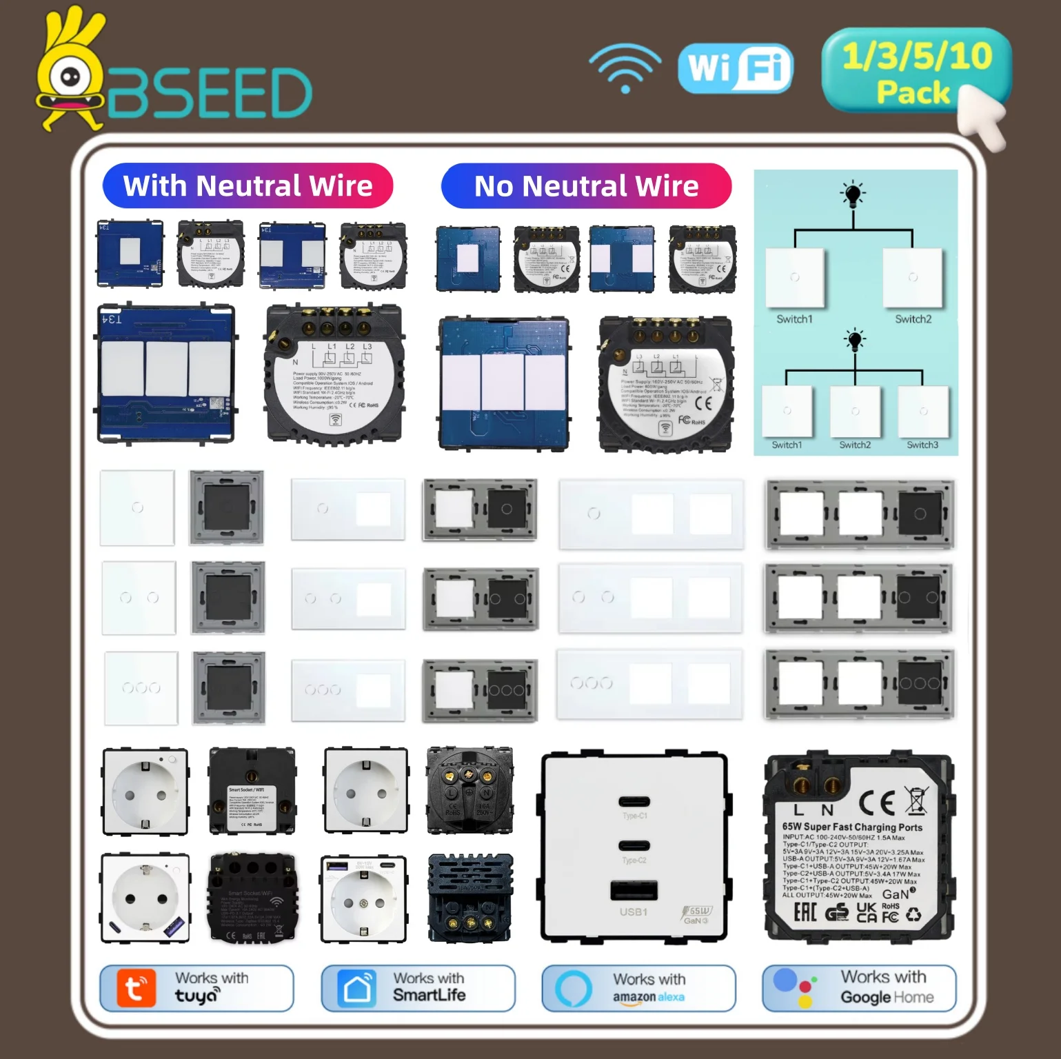 BSEED 1/2/3Gang WIFI Switch Module Parts EU Socket Plug Smart Stair Light Switch Insert APP Control Free Combination Glass Panel