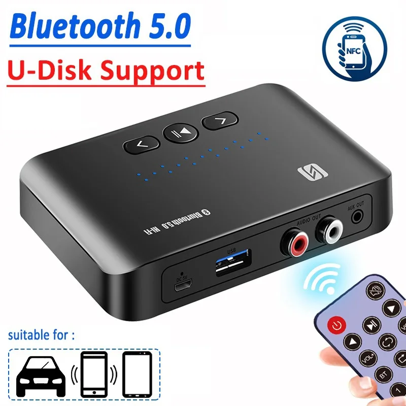 Bluetooth 5.0 Audio Receiver AptX HD RCA 3.5mm Jack Aux NFC Wireless Adapter U-Disk/TF Card with Remote Control for TV Car Music