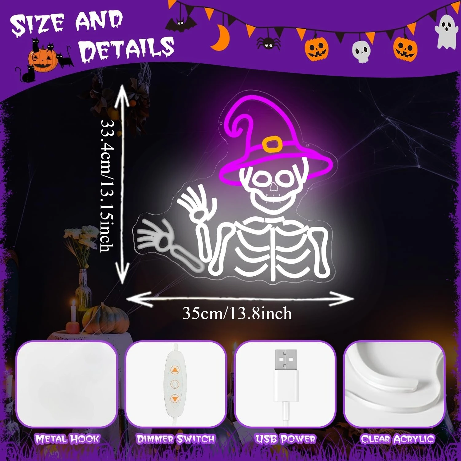 可動式アームスケルトンLEDネオンサイン、USB電源ネオンラ - Halloween Skeleton Decoration のレビューと価格