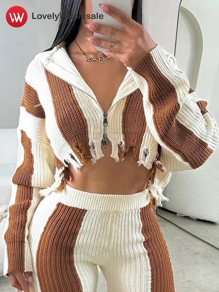 LW Autumn Striped Cropped Cardigan Women 2024 Casual Hooded Collar Tassel Zipper Sweater Jacket Fashion Ripped Knitwear Woman