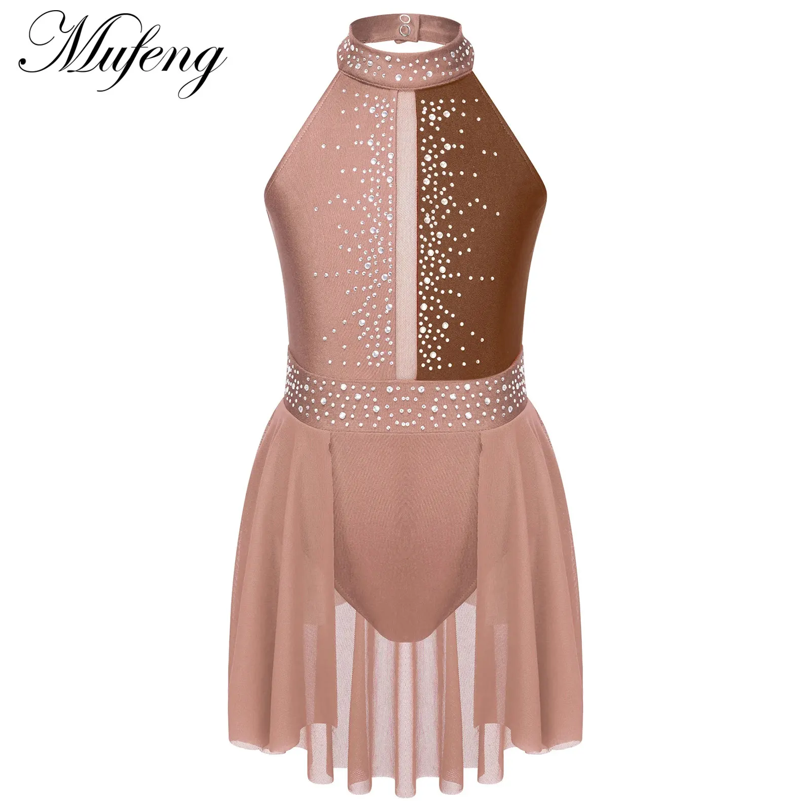 Vestito da balletto per ragazze vestito da body da ballo in Chiffon arricciato per bambini senza maniche Costume da ballo lirico con strass Costume da ballo contemporaneo