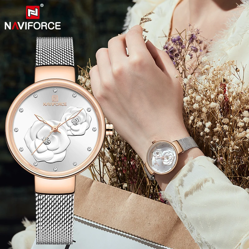 Women Watch NAVIFORCE Top Luxury Brand Steel Mesh Waterproof Ladies Watches Flower Quartz Female Wristwatch Charming Girl Clock