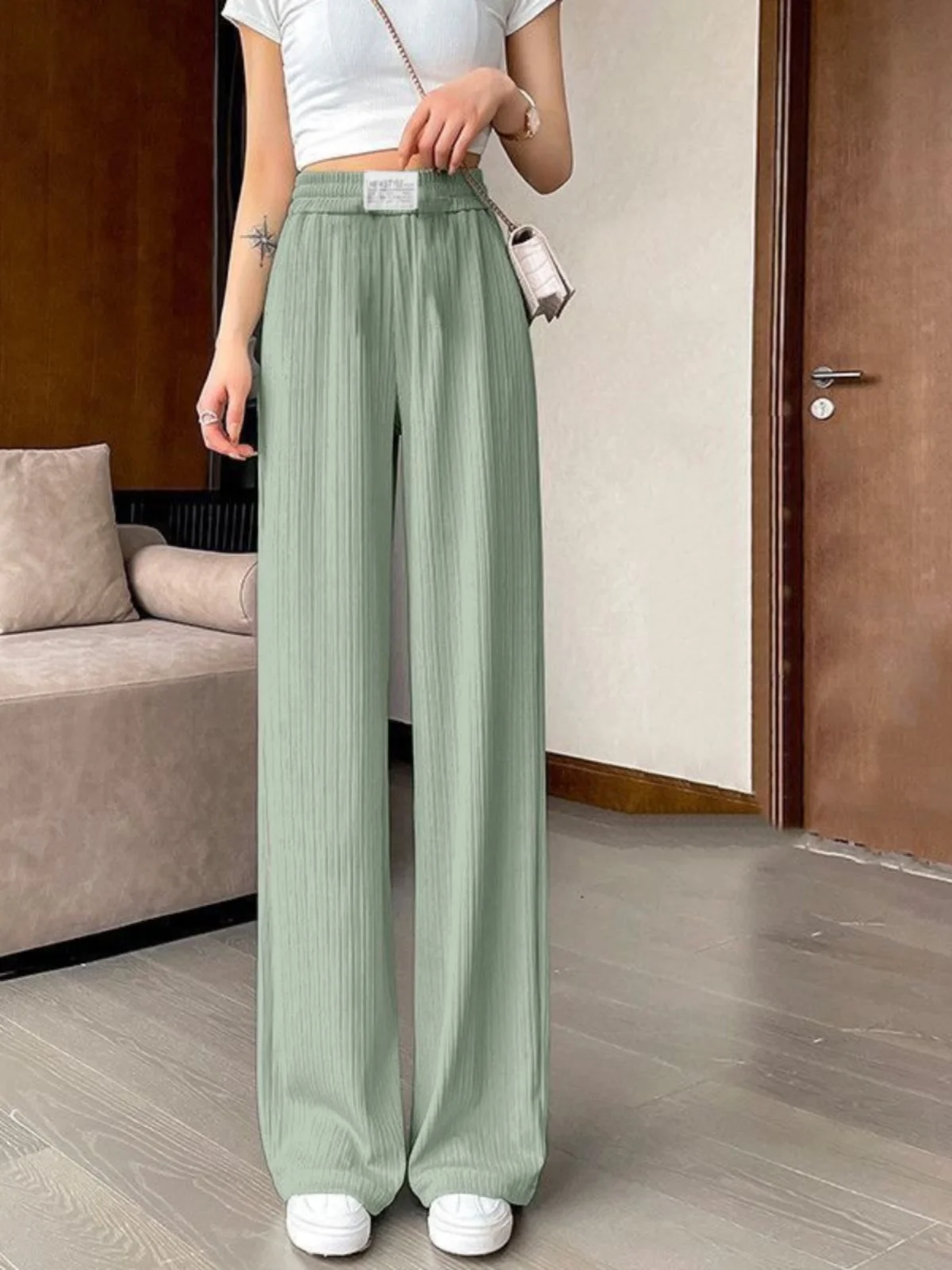 High Quali Ice Silk Wide Leg Pants Women's Summer Thin Casual Loose plus Size Drapey Straight Tube Pants Trendy