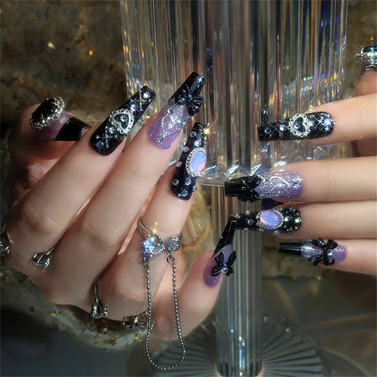 24pcs Black French Style False Nails Luxury Purple Long T Sweet Cool Fake Nails With 3D Bowknots Love Heart Decor Press On Nail