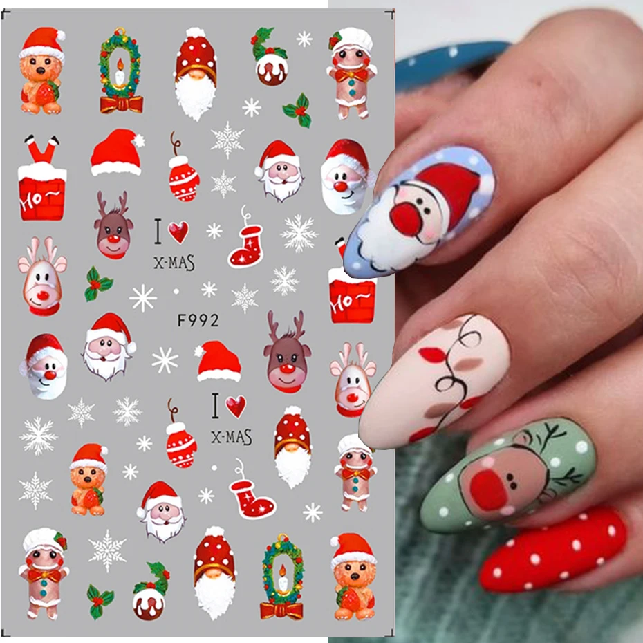 3 hojas de pegatinas navideñas festivas para decoración de uñas, copos de nieve rojos de Papá Noel, calcomanía adhesiva, Reno, muñeco de nieve, manicura, deslizador de vacaciones