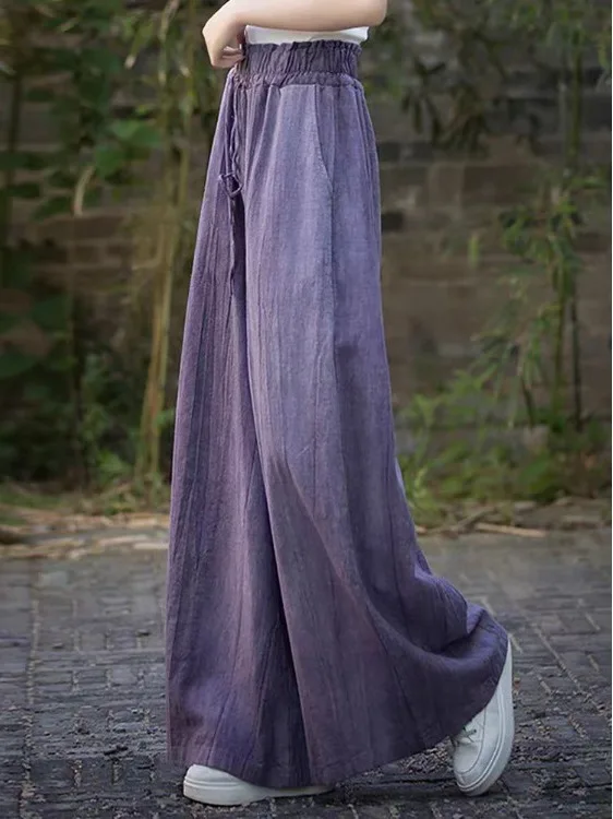 Handgefertigte, gefärbte Hose mit weitem Bein, hohe Taille, gerader Schnitt, lockere Passform, Freizeithose für Damen in Übergröße, Baumwollleinen, Frühling und Herbst