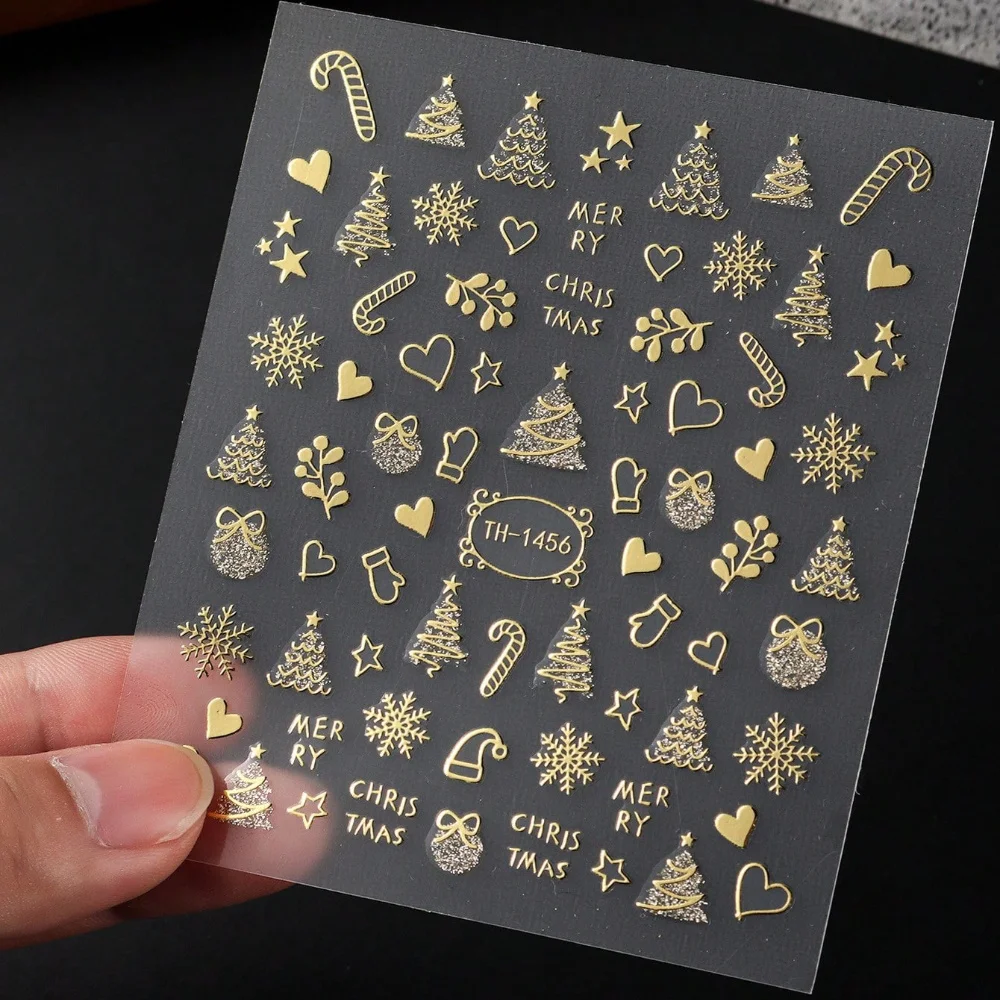 황금 눈송이, 크리스마스 트리, 순록 하트, DIY 휴일 네일 아트가 있는 크리스마스 및 새해 네일 스티커 2개