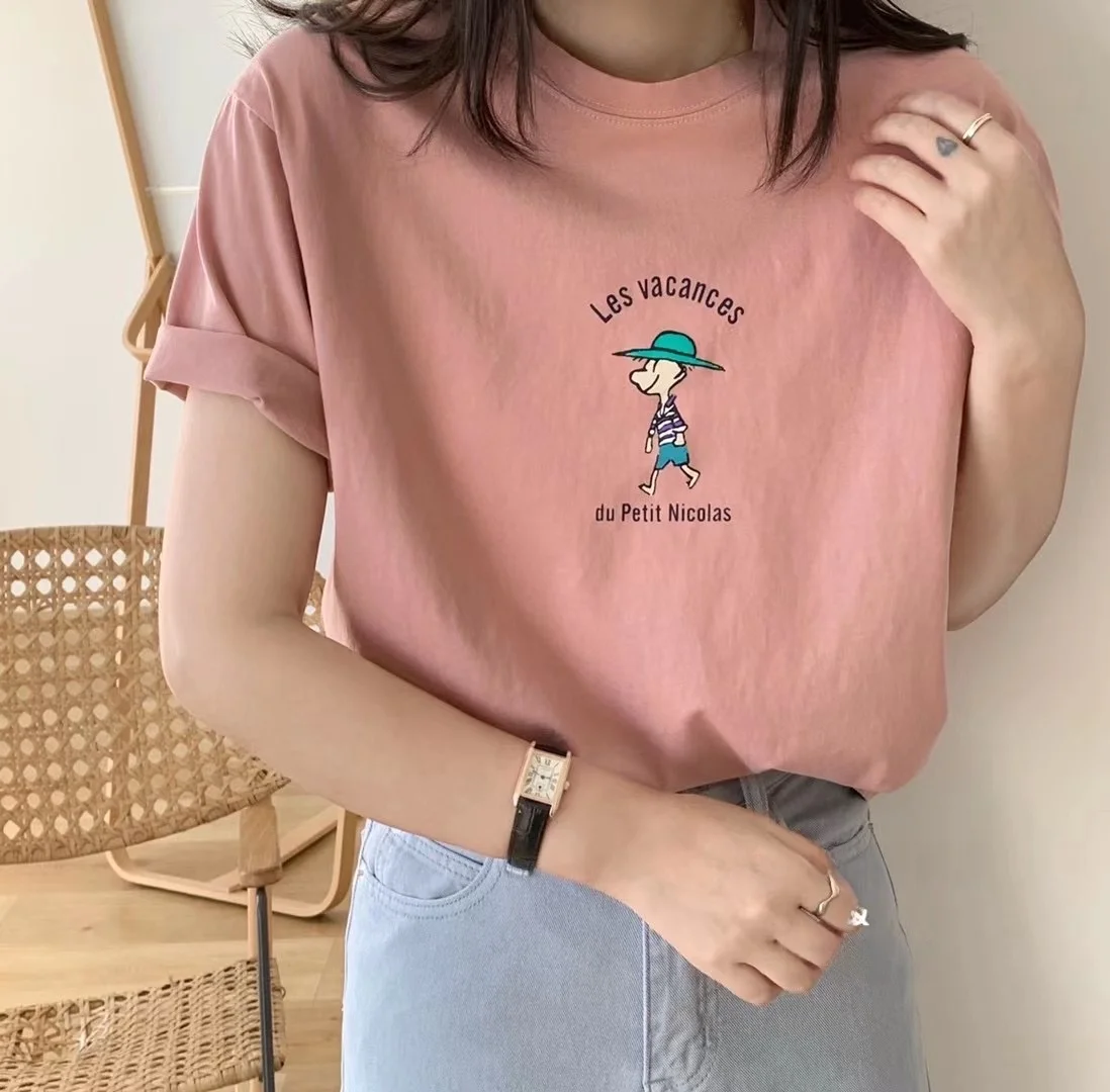 تي شيرت نسائي فضفاض برقبة مستديرة وأكمام قصيرة من القطن الخالص مع طباعة كرتونية على الطراز الكوري للفتيات ذوات المقاسات الكبيرة
