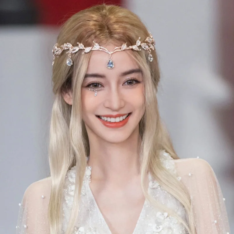 

Bridal Crown Leaf Water Drop Alloy Brow Pin Headpiece Baroque Princess Hair Vine