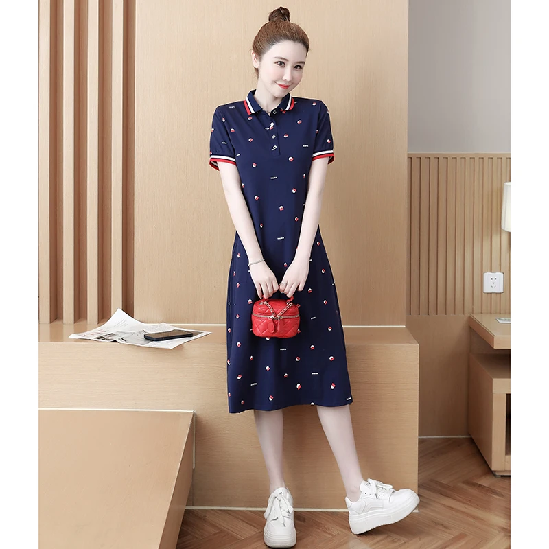 Summer Women Cotton T-shirt Dresses Female Polo Collar Short Sleeve Large Size 4XL Elegant A Line Print Black Navy Blue Vestidos