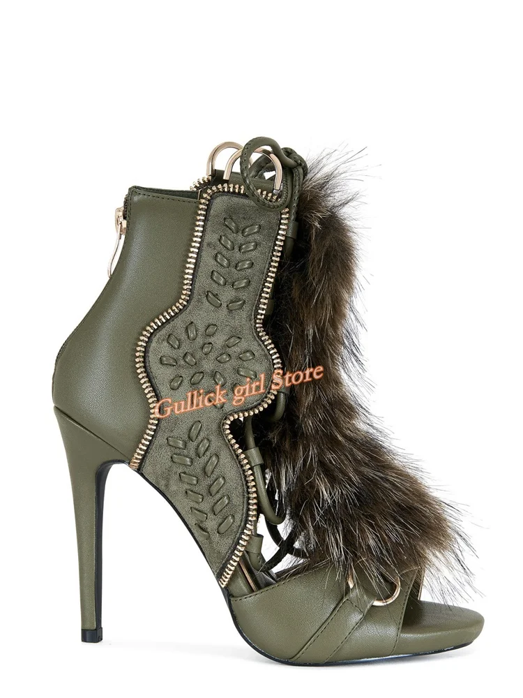 Faux Fur Gladiator Sandal Boots Lace Up Knee High Summer 2026 Hot Sale Runway Open Toe Thin High Heel Shoes Strappy Handmade