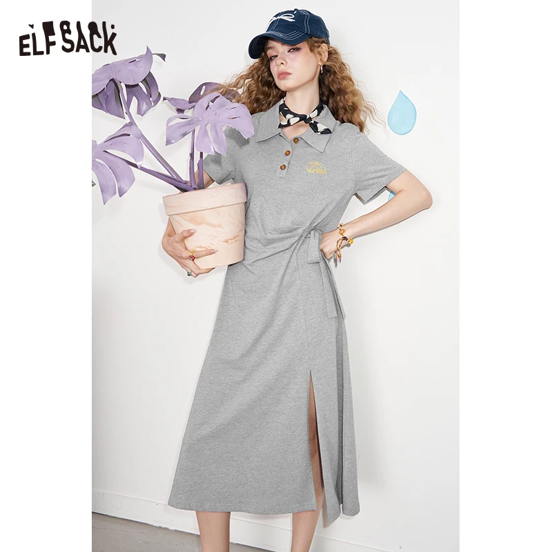 ELFSACK 2025 Summer New Arrival Casual Polo Collar T-Shirt Date Dress Pinch Waist Slim Short Skirt For Woman