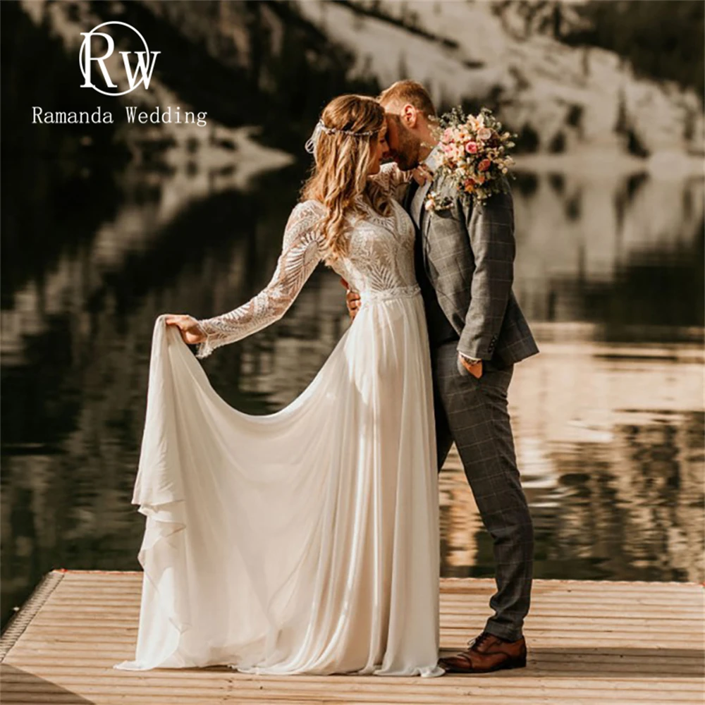 

Ramanda Customized O-Neck Long Sleeve Wedding Dress 2025 Women Gorgeous Backless Sweep Train Bridal A-Line Gown Robe De Mariee