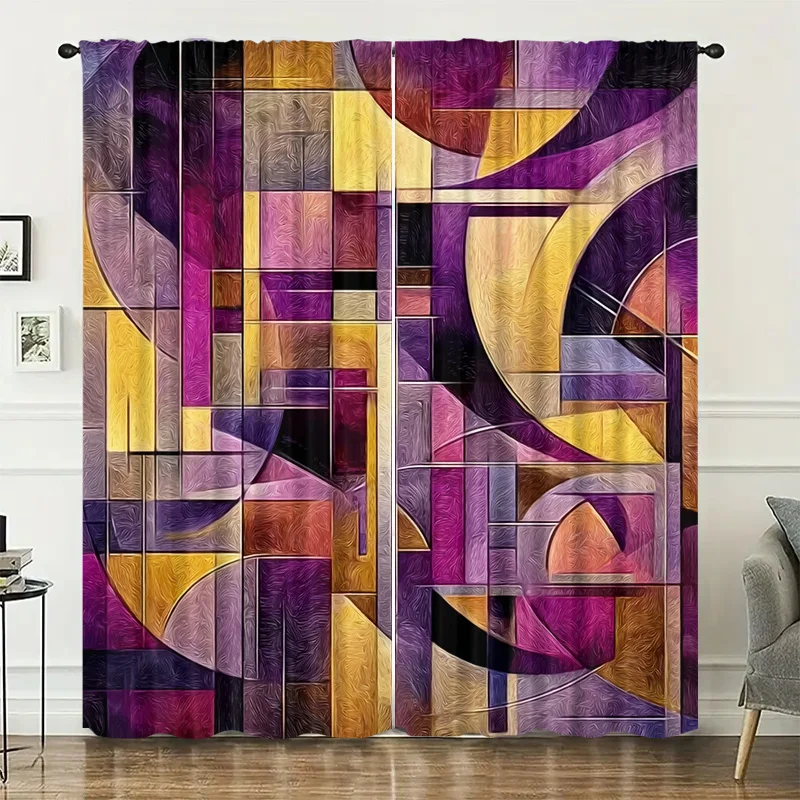 Abstract geometric colored art curtains, installed using pocket rod method, suitable for living rooms, balconies, and decoration