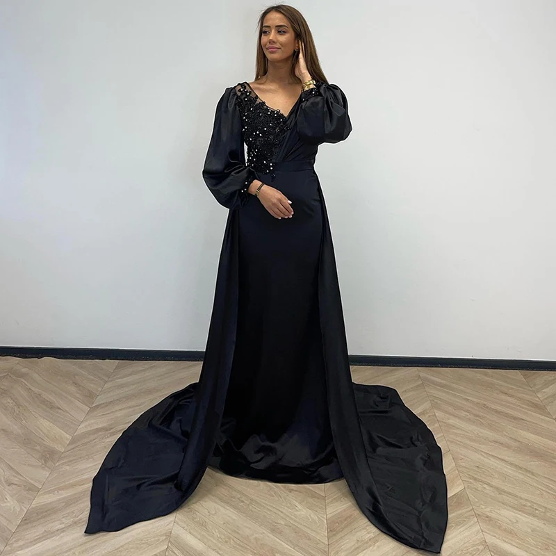 MisShow Sexy V-Neck Satin Patchwork Prom Gown With Beading Women Trailing Evening Party Gown Vestido Long Sleeve Black Maxi