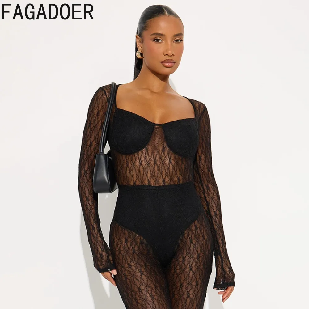 بدلة قفز مثيرة شبكية شفافة من FAGADOER للنساء بلون سادة وأكمام طويلة ملابس خروج نسائية جديدة 2025