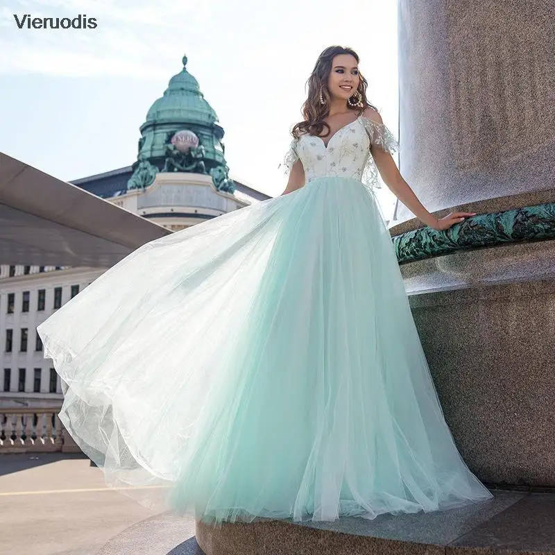 

Элегантное вечернее платье трапециевидной формы с открытыми плечами и короткими рукавами, кружевные аппликации, тюлевое платье для выпускного вечера, бретельки, бисер