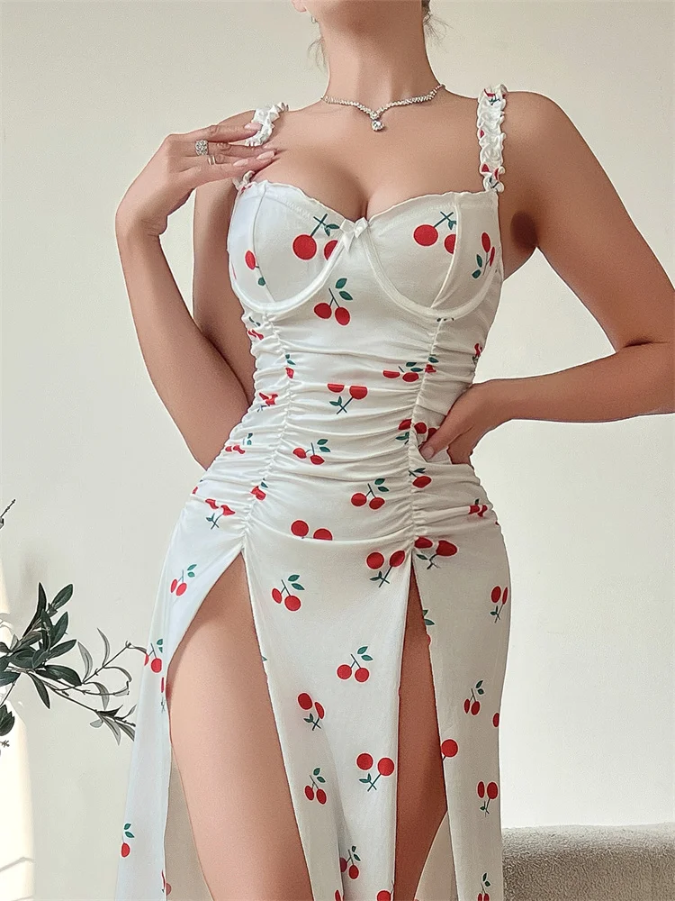 Женские пижамы с вишневым принтом, сексуальная ночная рубашка без рукавов, длинные подтяжки, ночное платье, домашняя одежда, удобное элегантное спальное платье