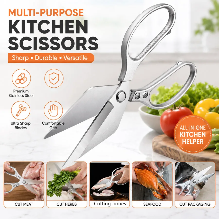 Multifunctional Stainless Steel Kitchen Scissors, Household Shears with Bone Cutter & Nut Cracker for Cutting Chicken Fish