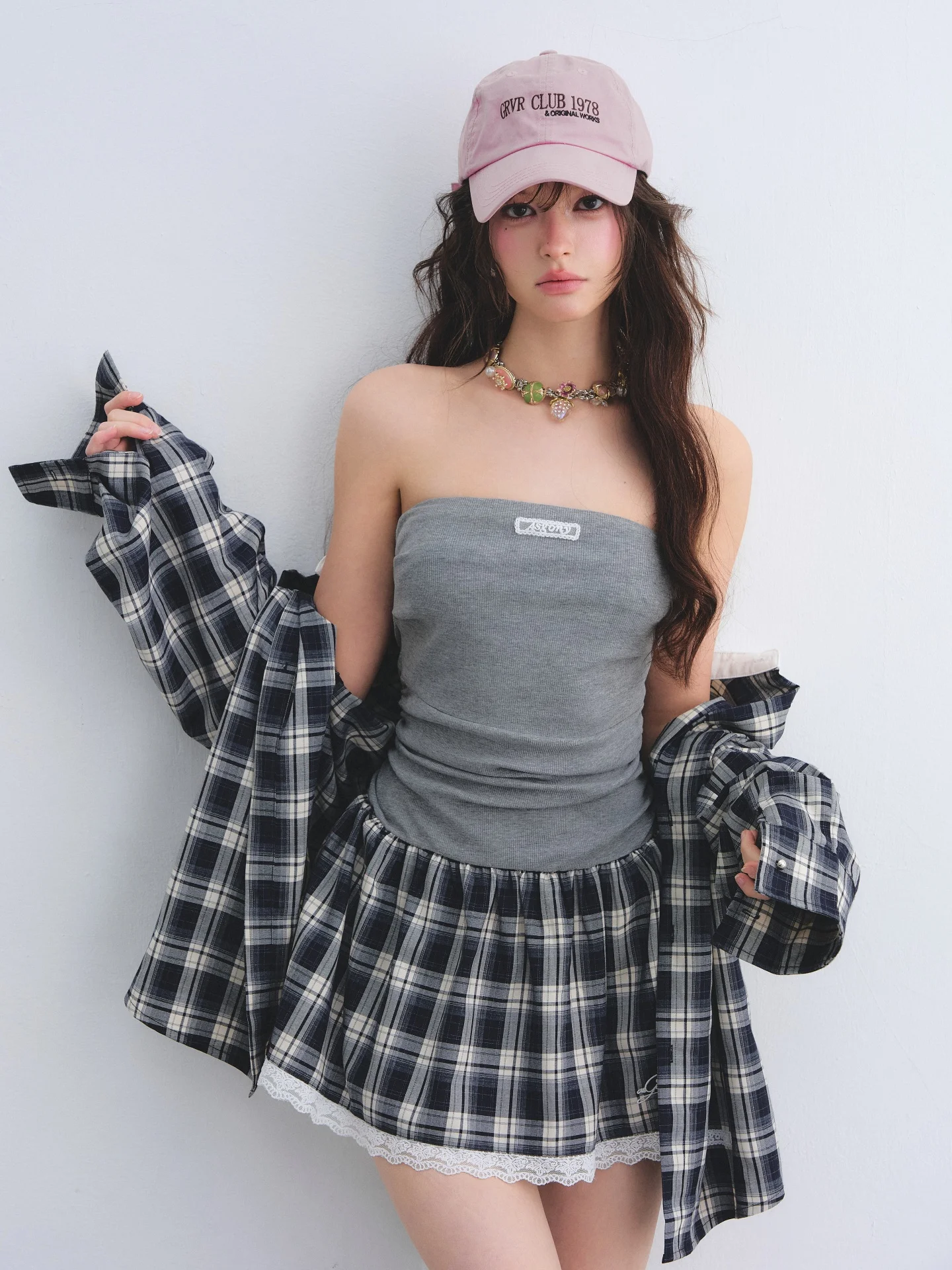 

AsGony Plaid Lace Trimmed Gathered Bustle Dress Collar Long Sleeve Shirt Elegant Two-Piece Set Women's Fashion Spring Outfit