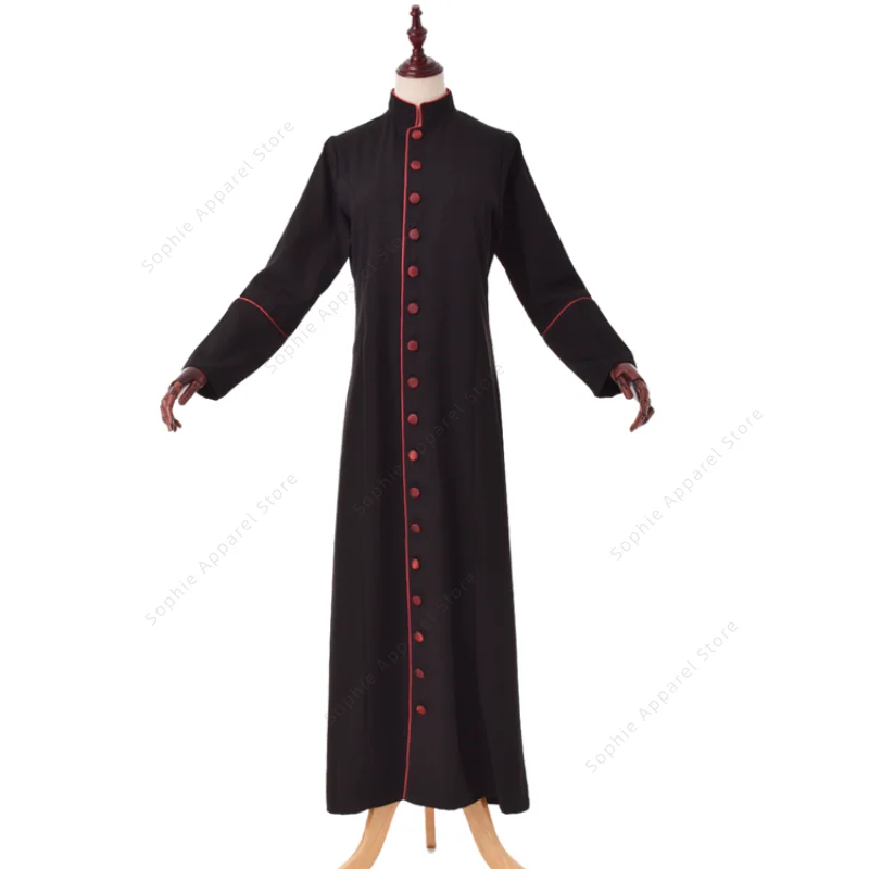 Men's Clergy Cassock Robe | Black Priest Vestment with Red Trim & Buttons | Catholic Christian Attire