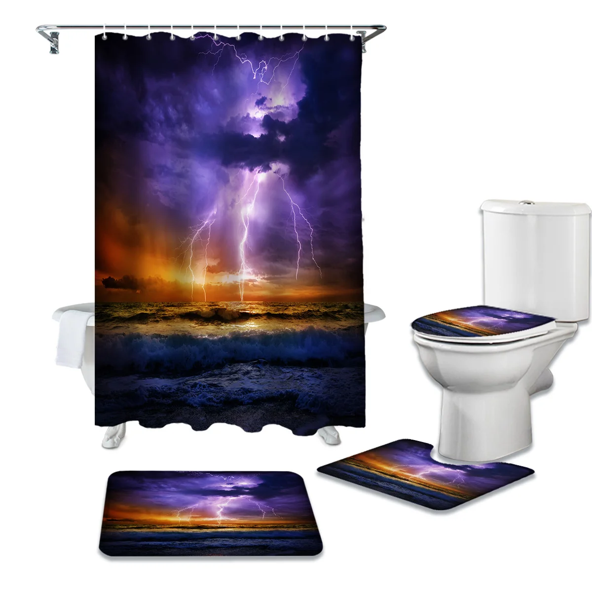 Purple Lightning Stormy Sandy Beach Shower Curtain Toilet Seat Cover Set Wc Accessories Mat Bathroom Decor Bath Curtains