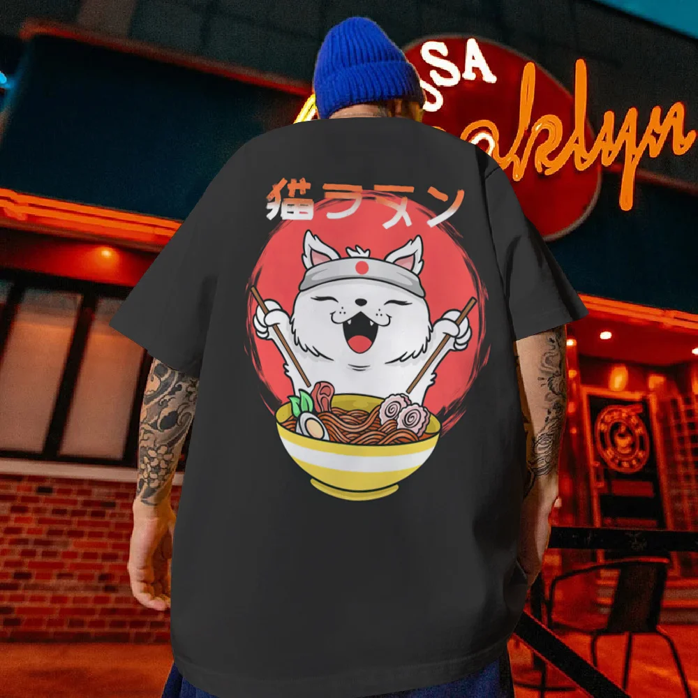 Camiseta masculina de sushi gato da sorte estampada, roupa masculina, casual de manga curta, camisa extragrande solta, camiseta de rua Harajuku, moda