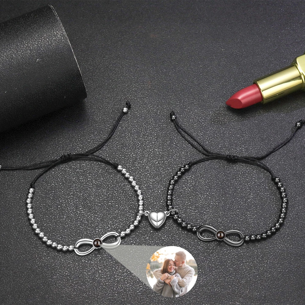 

2pcs Custom Photo Projection Photo Bracelet for Women Men Heart Pendants 1 Pair Bracelet Personalized Gift Couple Family Jewelry