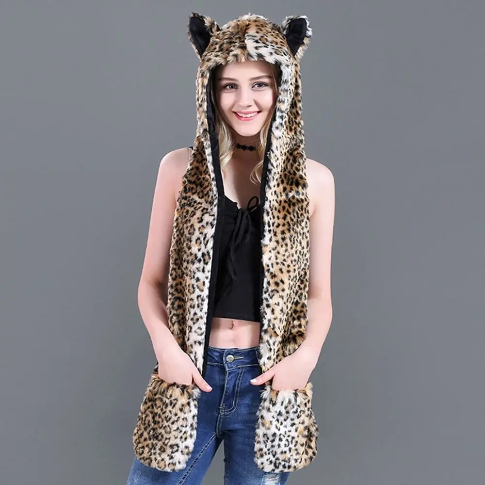 冬用暖かい耳当て付き帽子、アニマル柄3in1キャップ、スカーフと手袋付き、耳当て付きソフトプラッシュビーニー帽、男女兼用